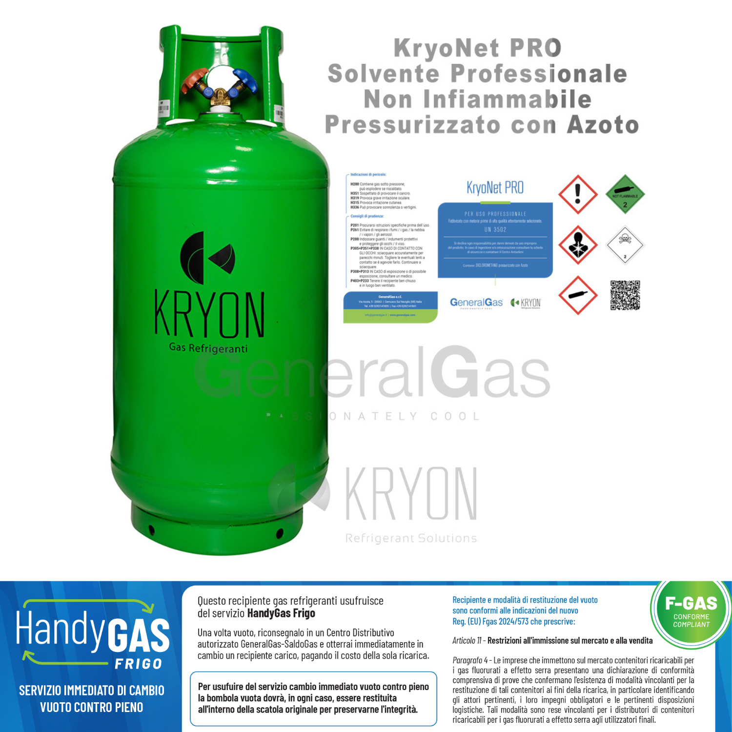 GK-Lab KryoNet PRO Solvente Pressurizzato con Azoto, Uso Professionale a Elevato Livello di Evaporazione, Non Infiammabile, per Impianti A/C e Refrigerazione - Bombola ricaricabile da 40 litri/30 kg