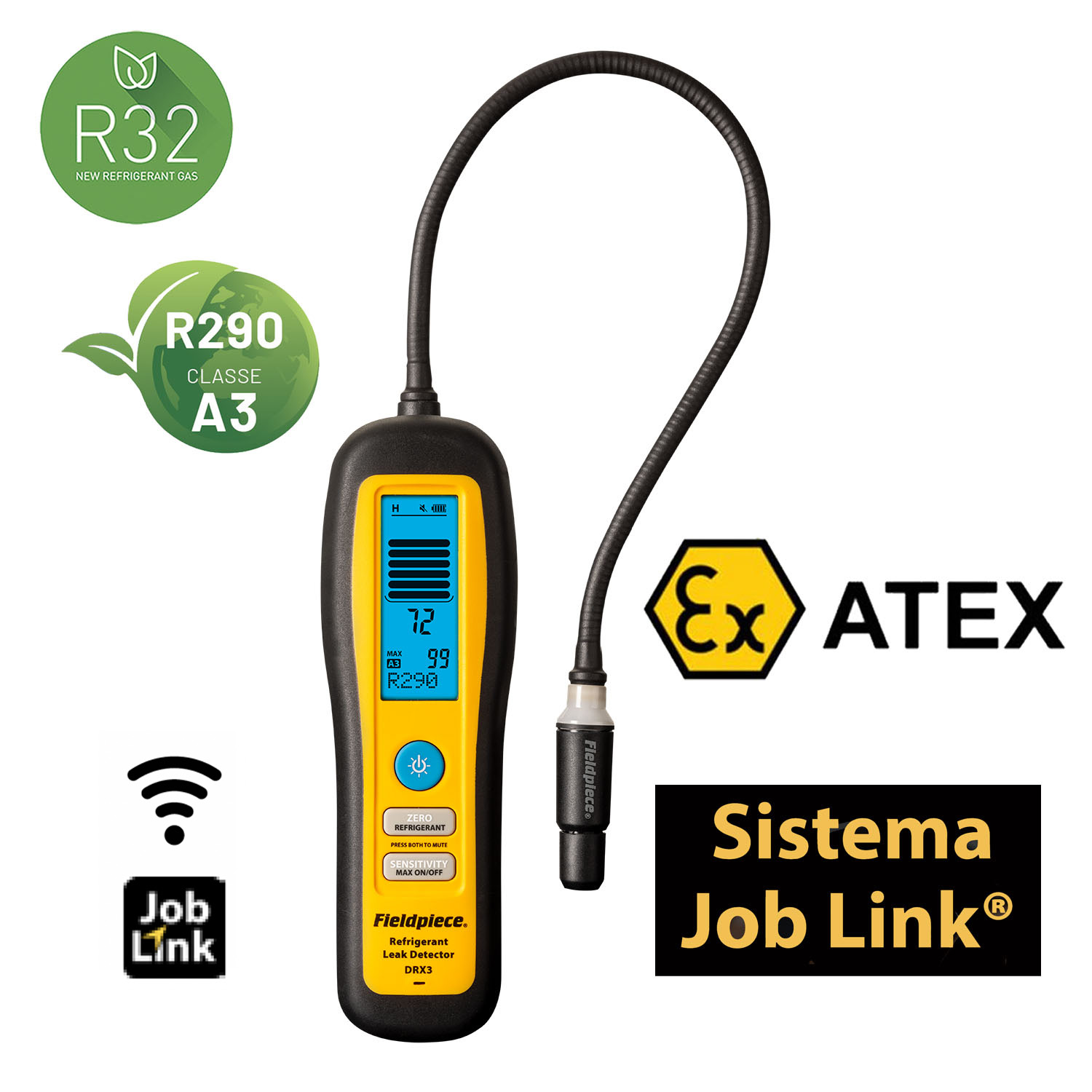 FieldPiece USA - DRX3 -  Heated Diode Refrigerant Leak Detector, ATEX rated for all refrigerants HFC/HFO, 1234yf, gas mixture of Nitrogen/5% Hydrogen - sensitivity 1 gram/year - Calibration Report included