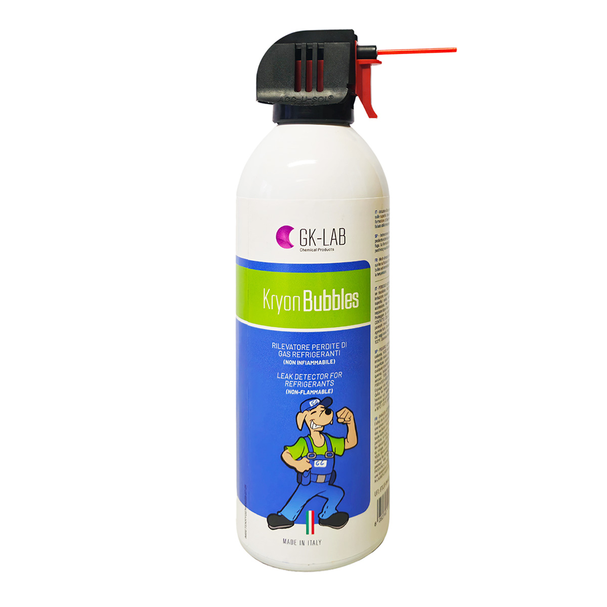 GK-Lab KryonBubbles - Professional non-flammable foaming leak detector for refrigerant gases HFO, HFC, R290, R744 - in 400 ml aluminum spray can - net content excluding propellant 300 ml.