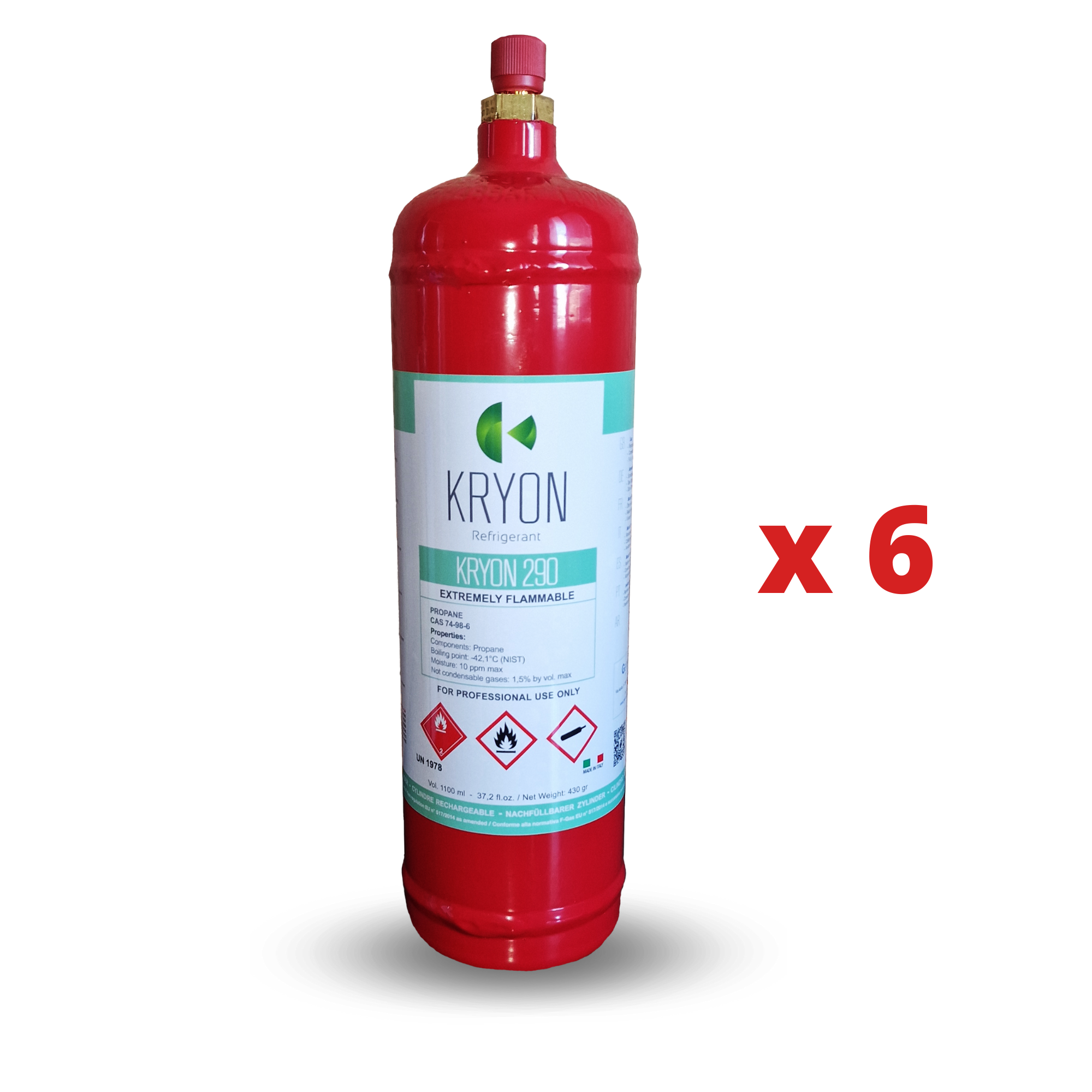 6 x Kryon® 290 (R290) refrigeration grade 2.5-99,5% - 1Lt/430Gr - package of 6 pcs. - valve 1/2 acme left hand