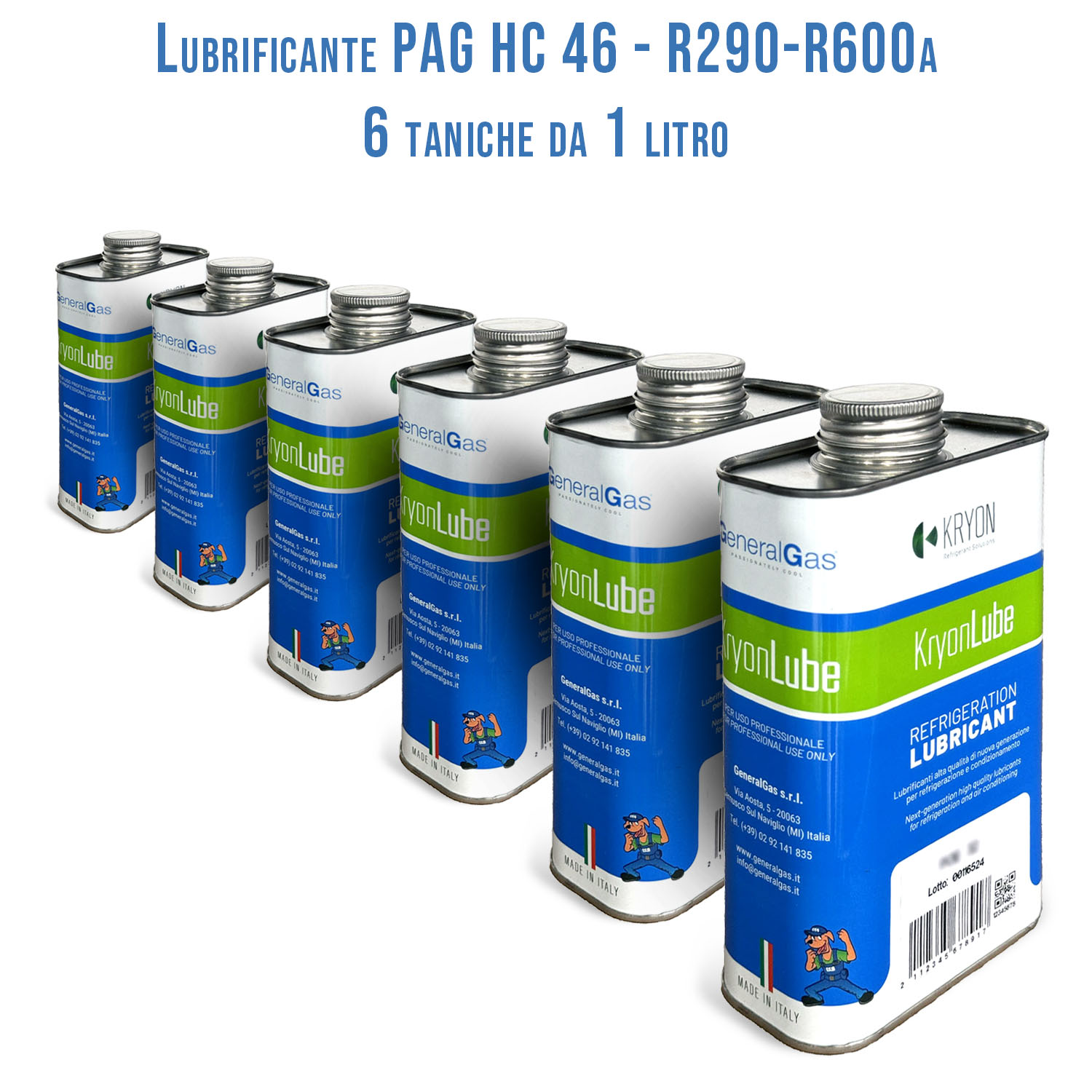 Lubrificante KryonLube HC PAG 46 - R290 e R600a - Confezione n° 6 taniche in metallo da 1 lt.