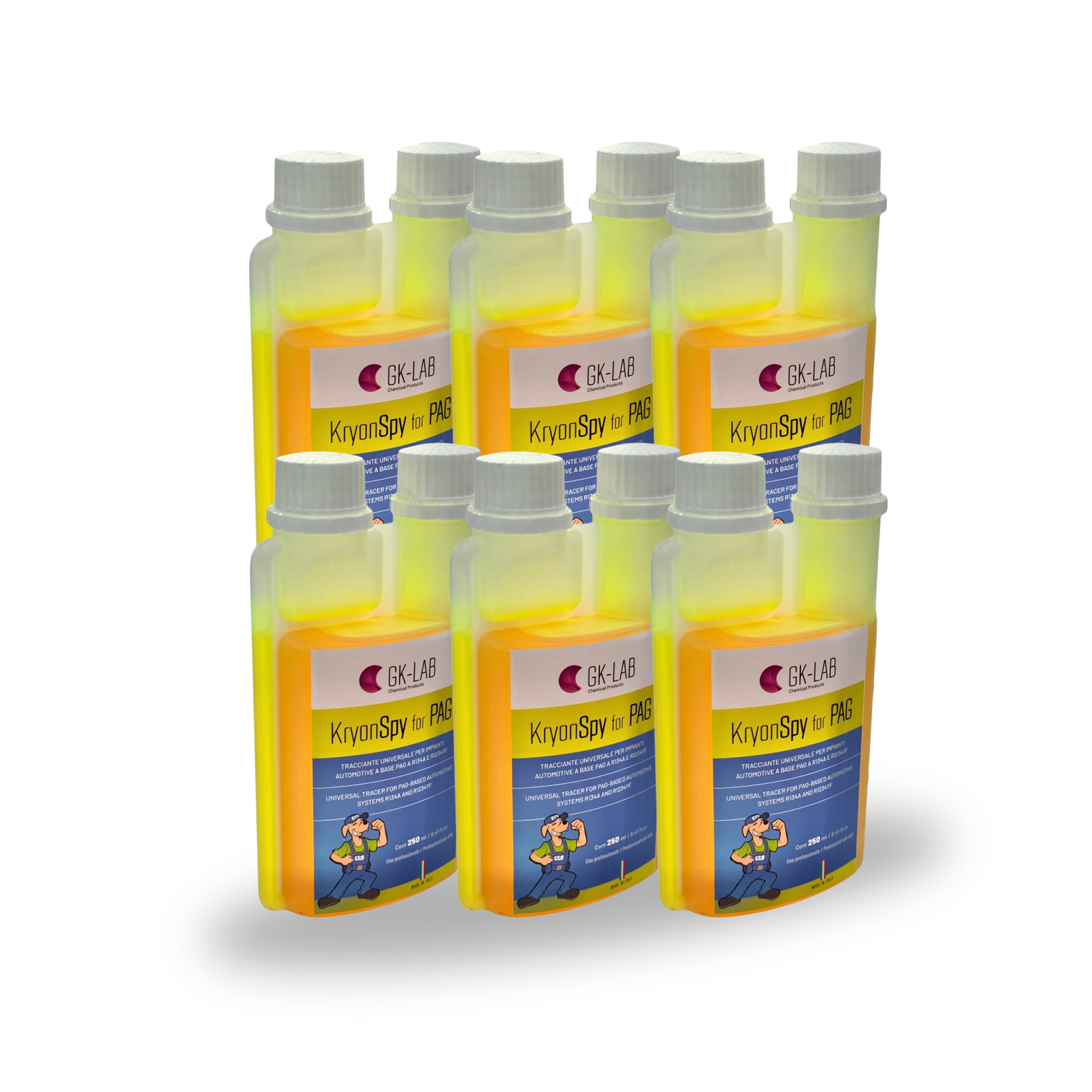 GK-Lab Tracciante Cercafughe Giallo Fluorescente UV Kryon SPY YELLOW per Olio PAG AUTO - 6 Flaconi da 250ml