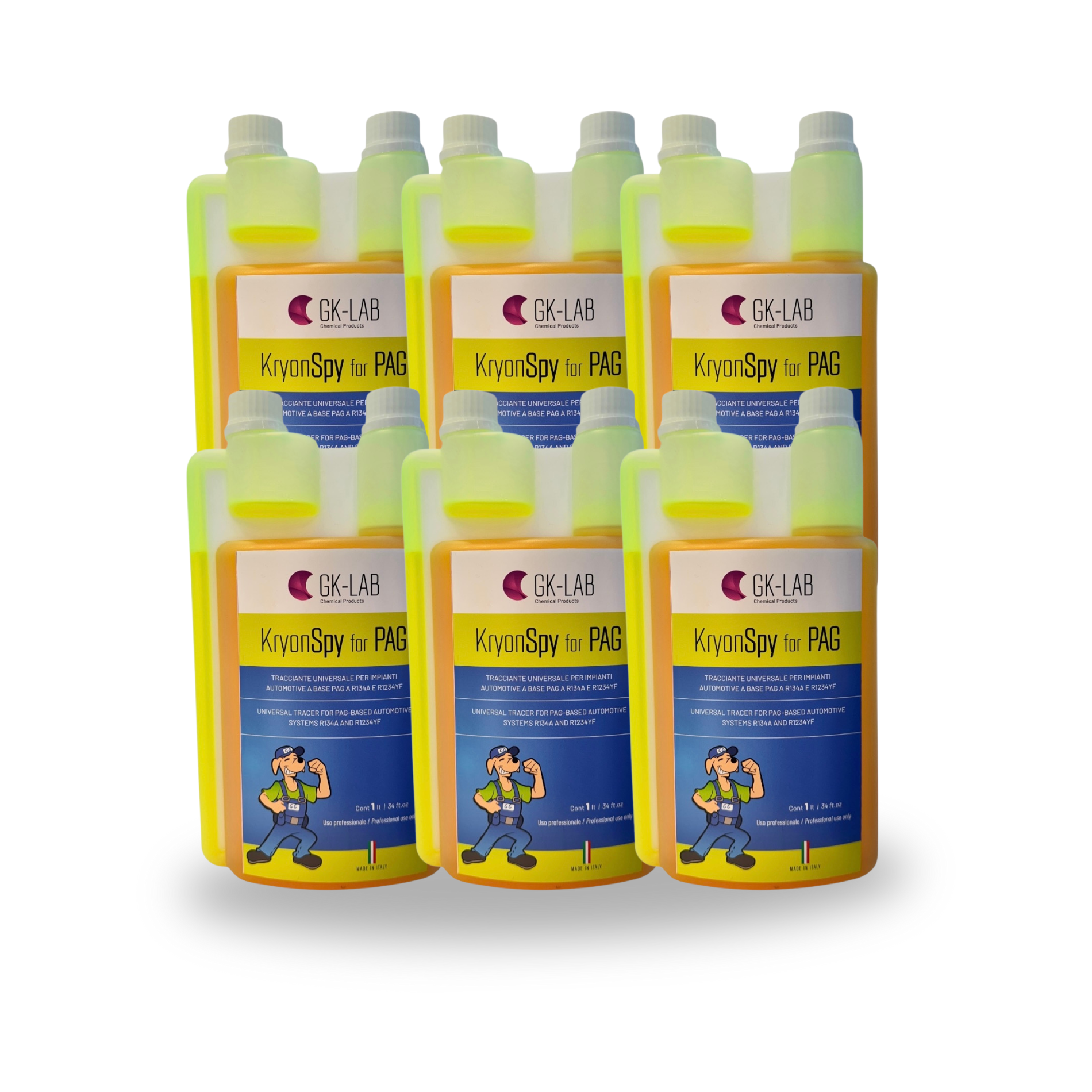 GK-Lab Tracciante Cercafughe Giallo Fluorescente UV Kryon SPY YELLOW per Olio PAG AUTO - 6 Flaconi da 1 litro