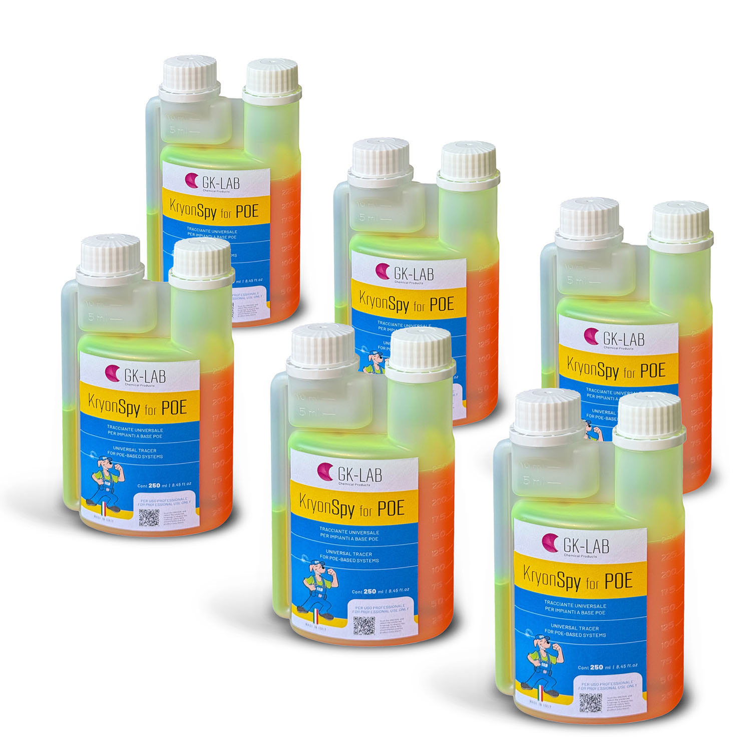 GK-Lab Tracciante Cercafughe Giallo Fluorescente UV KryonSpy YELLOW per olio POE HVACR - 6 Flaconi da 250ml